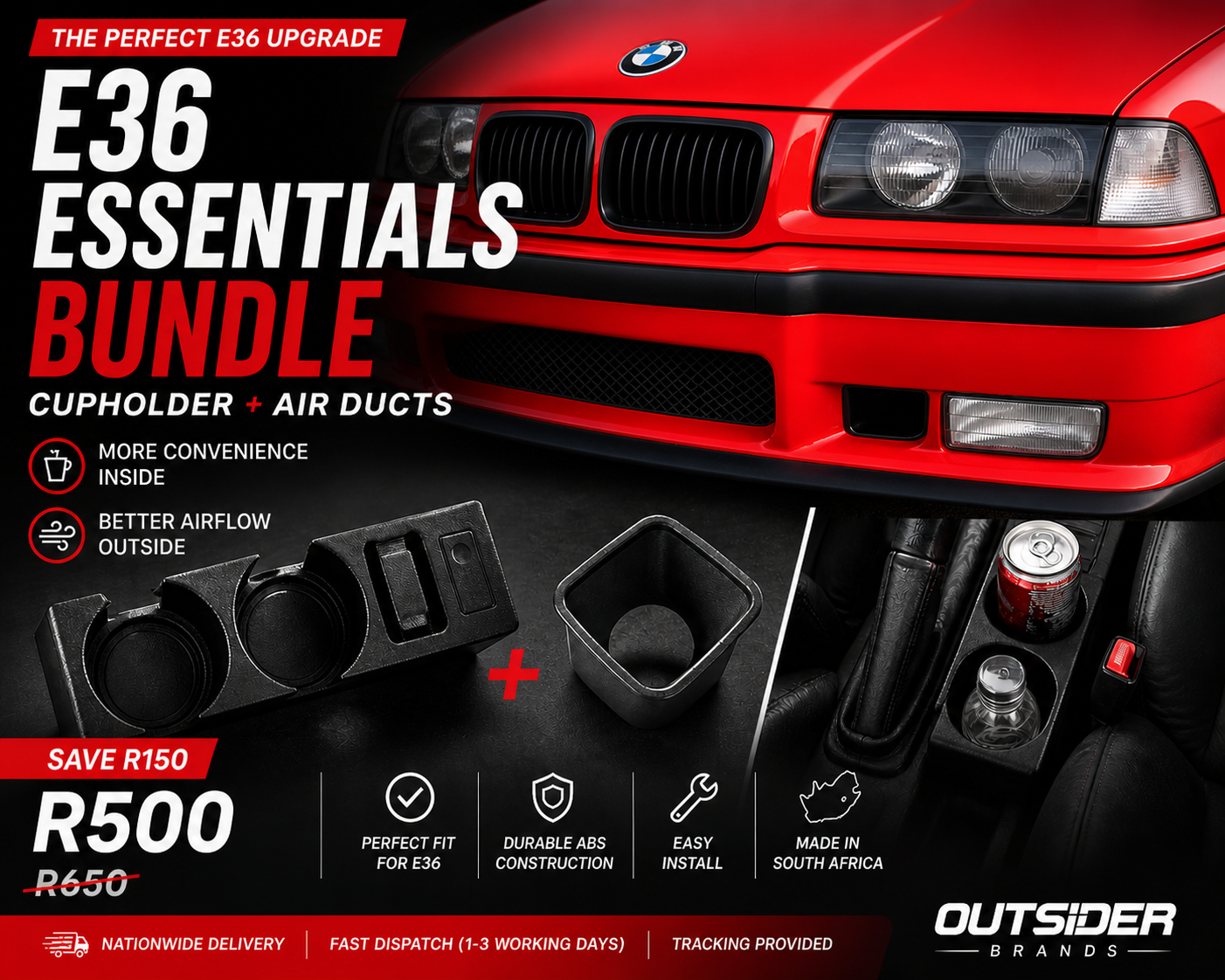 BMW E36 Essentials Bundle (Cupholder + Air Ducts) – side view