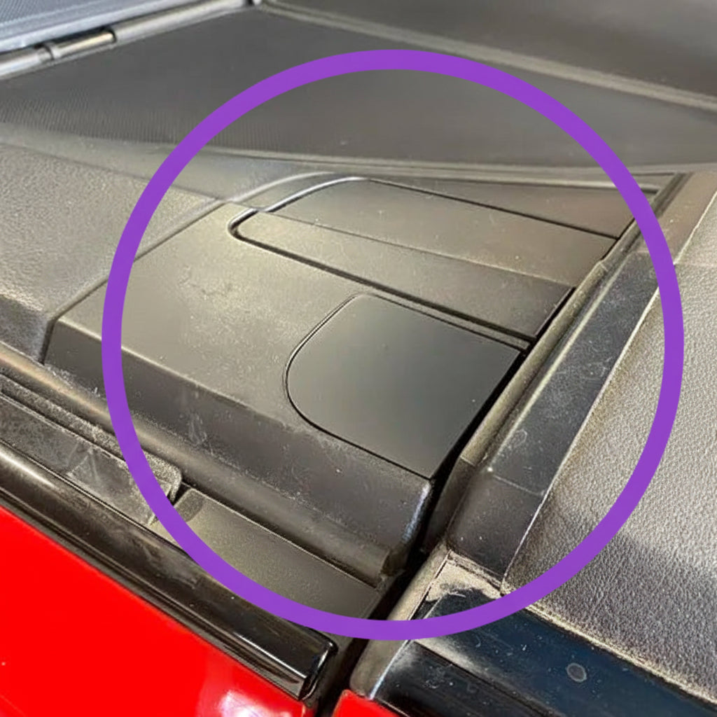 BMW E46 Convertible rear trim rod cover, close-up