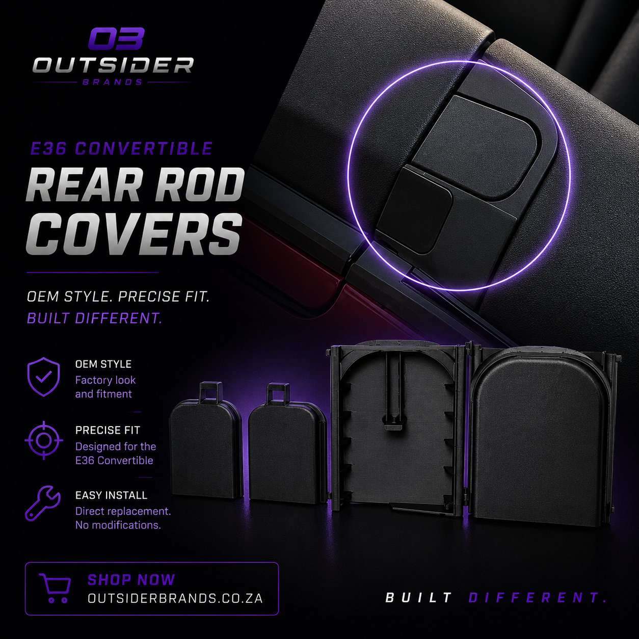 BMW E36 Convertible Rear Trim Rod Covers (Set) – angled view